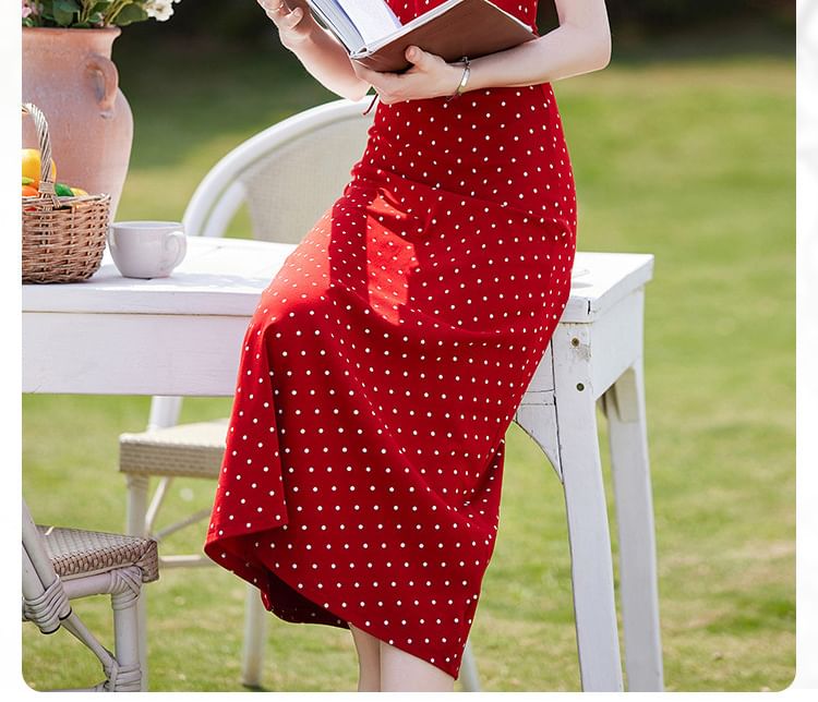 Short-Sleeve U-Neck Dotted Maxi A-Line Dress