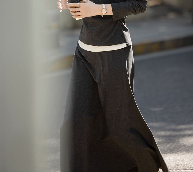 Two-Tone Half-Zip Hoodie & Midi A-Line Skirt Set
