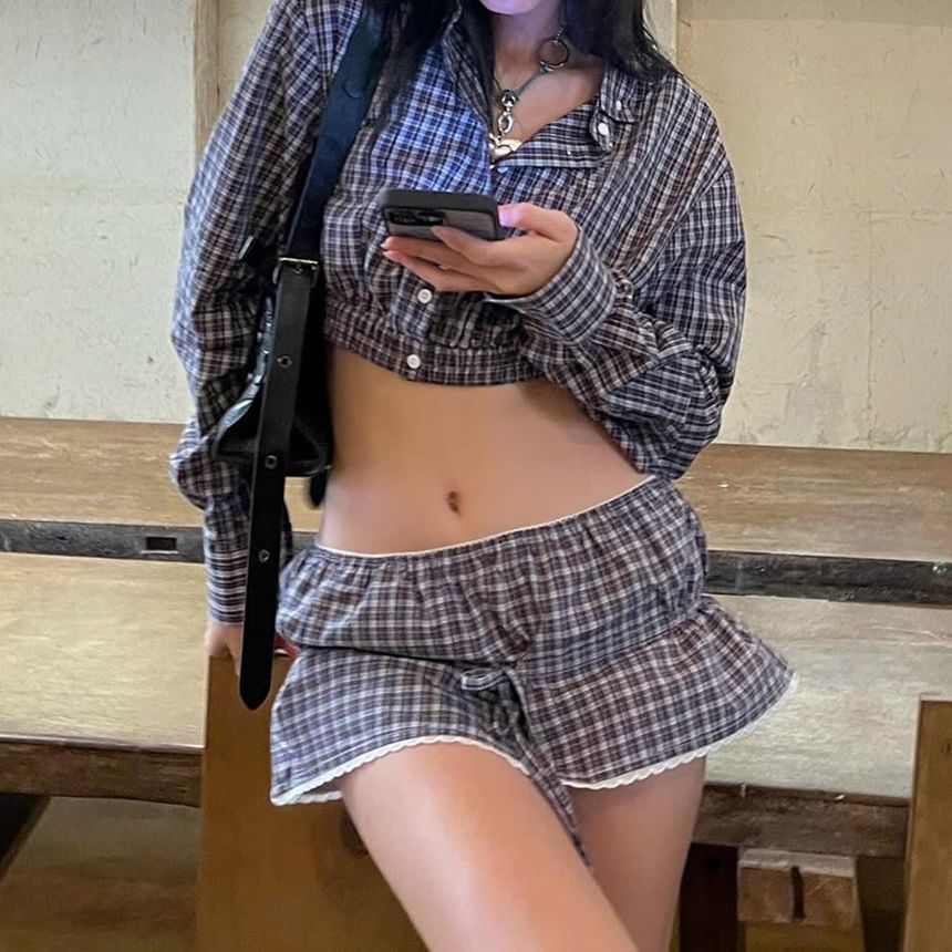 V-Neck Plaid Crop Shirt & Lace-Trim Mini Skirt