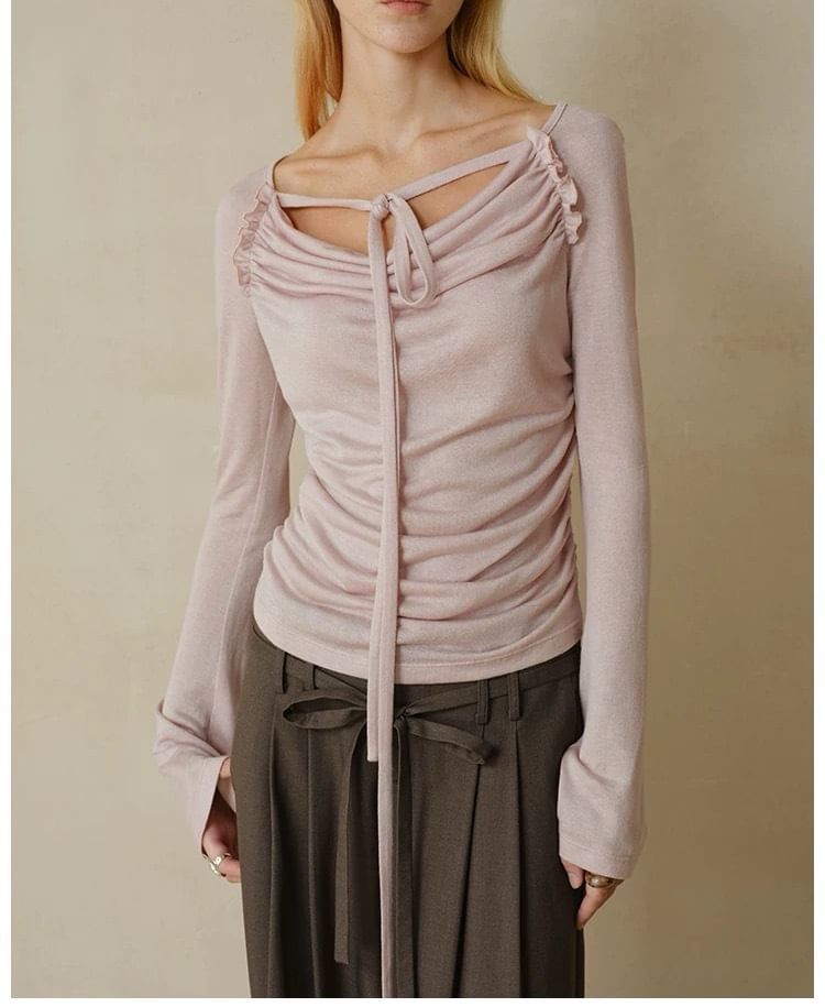 Cowl Neck Plain Ruched Long Sleeve Tee Shirt