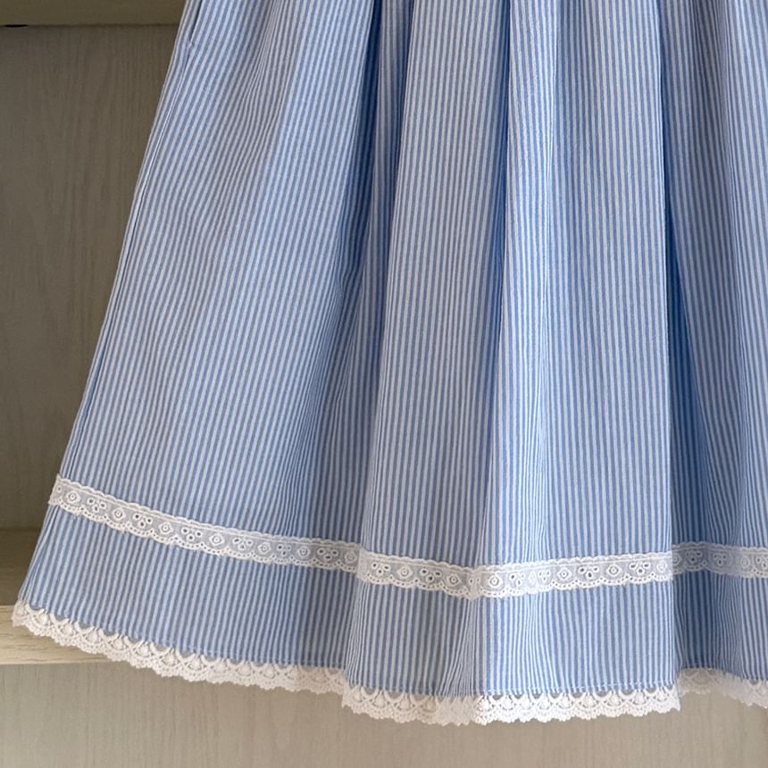 Striped Lace Trim A-Line Skirt with Elastic Waist
