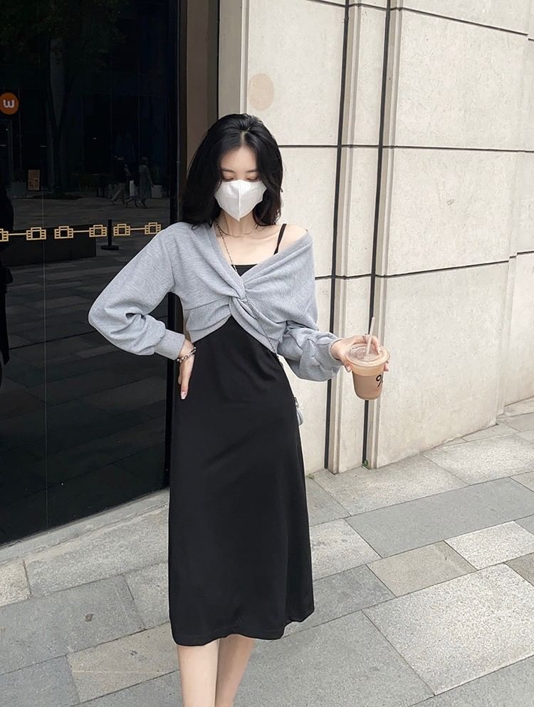 Set: Long Sleeve V-Neck Plain Twist Crop Top + Spaghetti Strap Plain Midi A-Line Dress