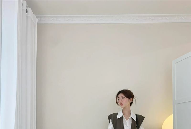 Long Sleeve Plain Frill Trim Shirt / Shawl Lapel Tie Front Vest
