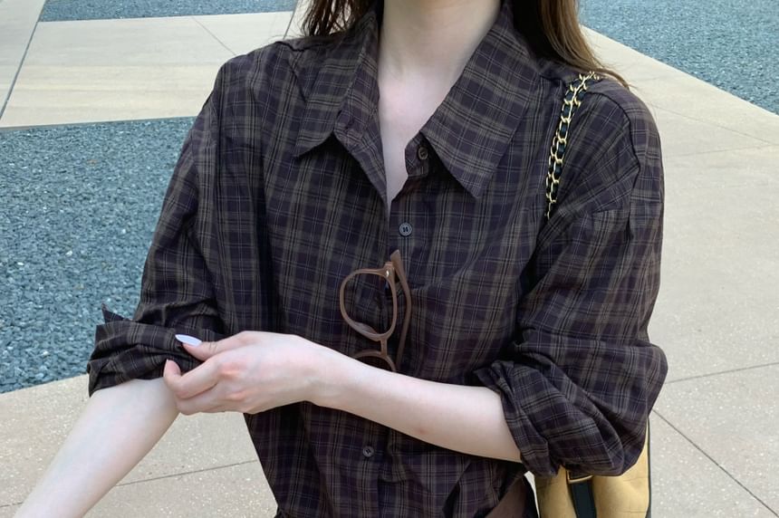 Plaid Ruffle Trim Oversized Long Sleeve Shirt