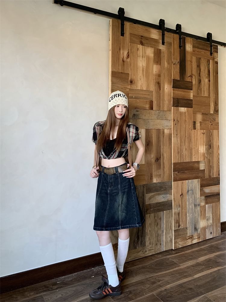 Washed Denim A-Line Skirt with Mid Rise