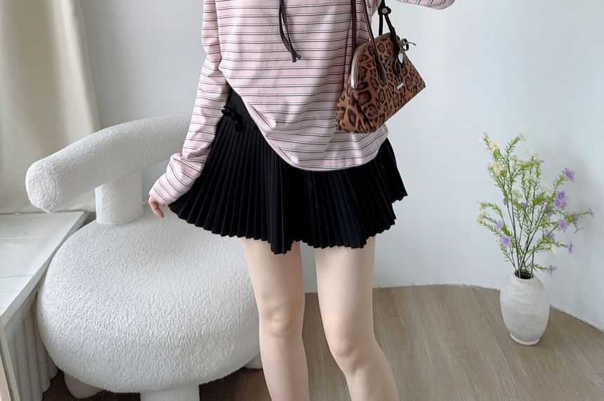 Striped Keyhole Tee with Tie Neck and Long Sleeves