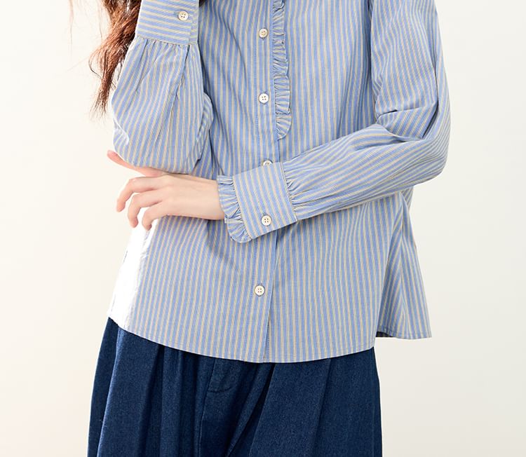 Striped Ruffle-Trim Blouse with Stand Collar and Long Sleeves