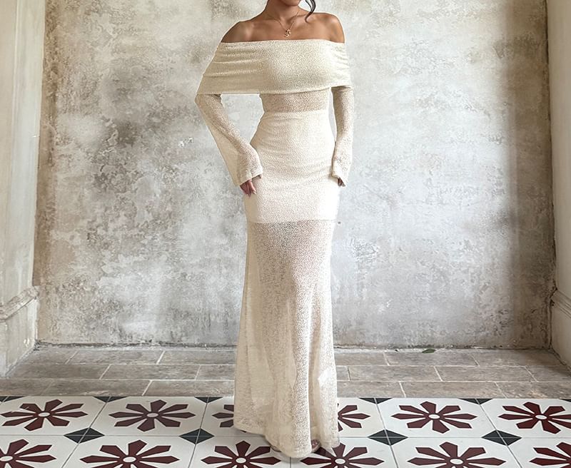 Off-Shoulder Long-Sleeve Glitter Mermaid Dress & Mini Skirt Set