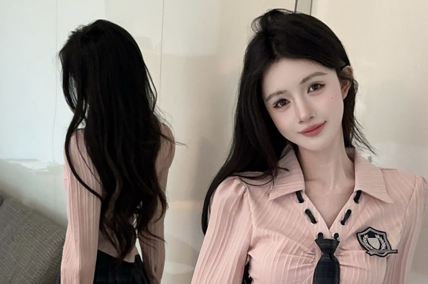 Collared Tie Neck Button Up Shirt & High Waist Plaid Mini Skirt