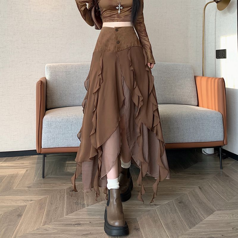 High Rise Ruffle Panel Faux Suede Midi A-Line Skirt