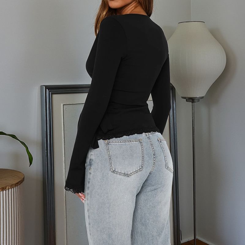 Lace Trim Wrap T-Shirt with V-Neck, Slim Fit, and Long Sleeves