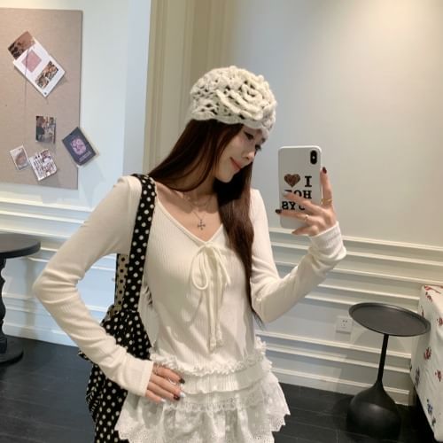 V-Neck Long-Sleeve Flowy Top with Lace Detail