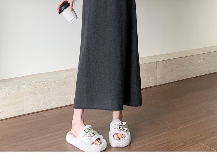 Maternity Fringed High-Waist Knit A-Line Midi Skirt