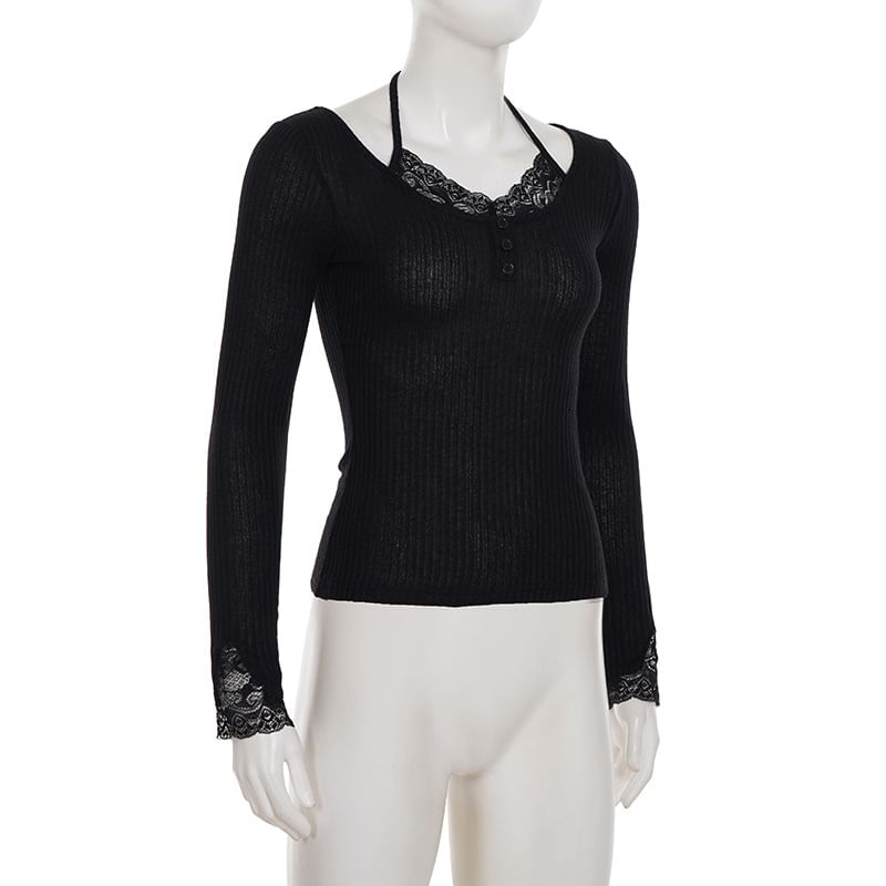 Halter Neck Lace Panel Mock Two-Piece Tee