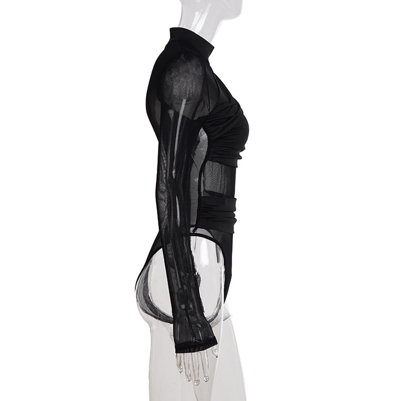 Ruched Mesh Bodysuit Turtleneck Top