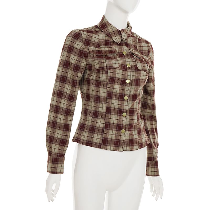 Plaid Collared Slim Crop Button Blouse