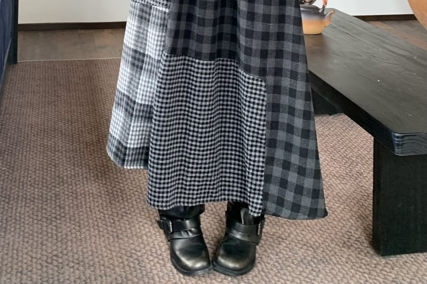 Checked Panel Maxi A-Line Skirt High Waist