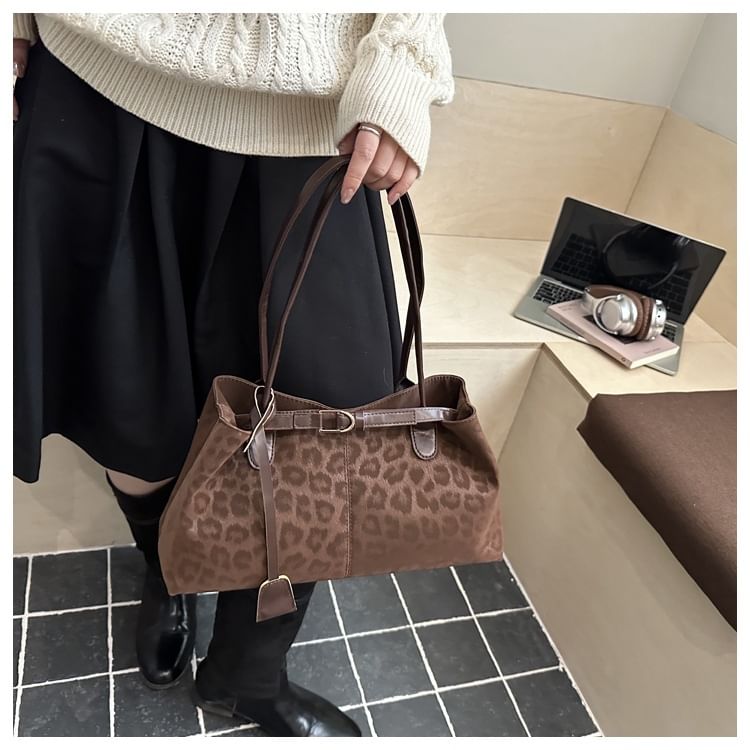 Leopard Print Buckled Tote Bag