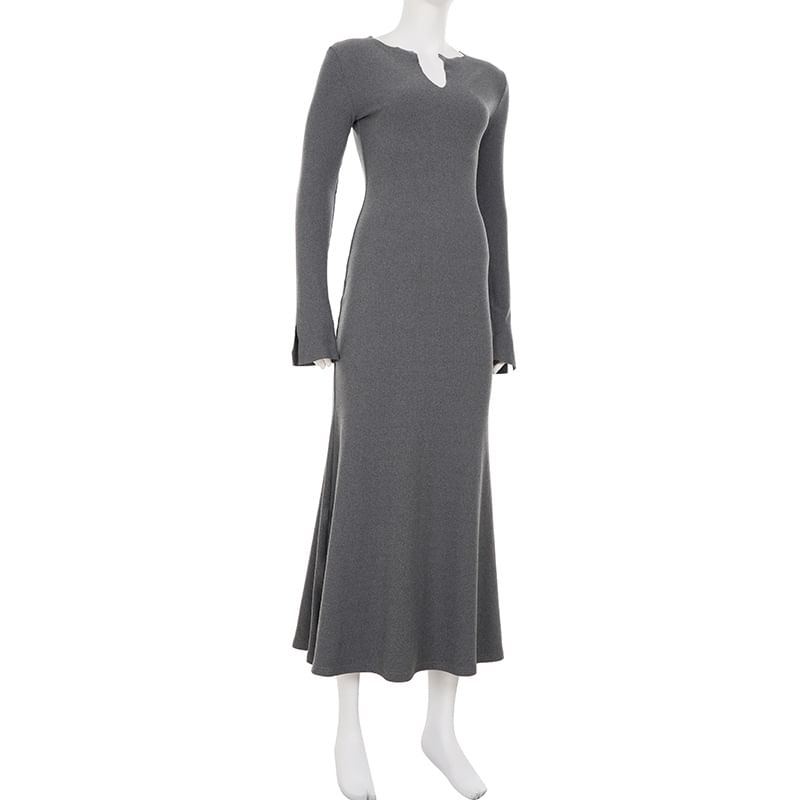 Long-Sleeve Notched Plain Maxi Mermaid Dress