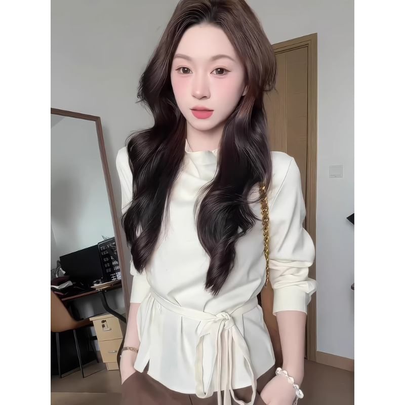 Mock Neck Tie Waist Blouse