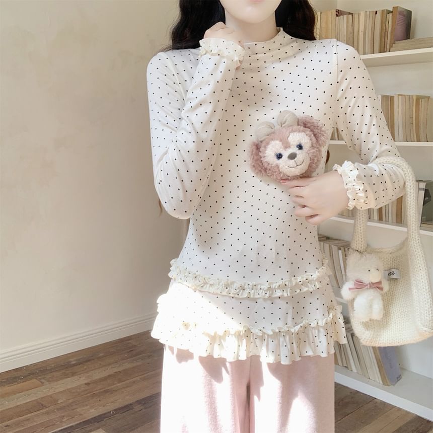 Dotted Frill Trim Mock Neck Tee