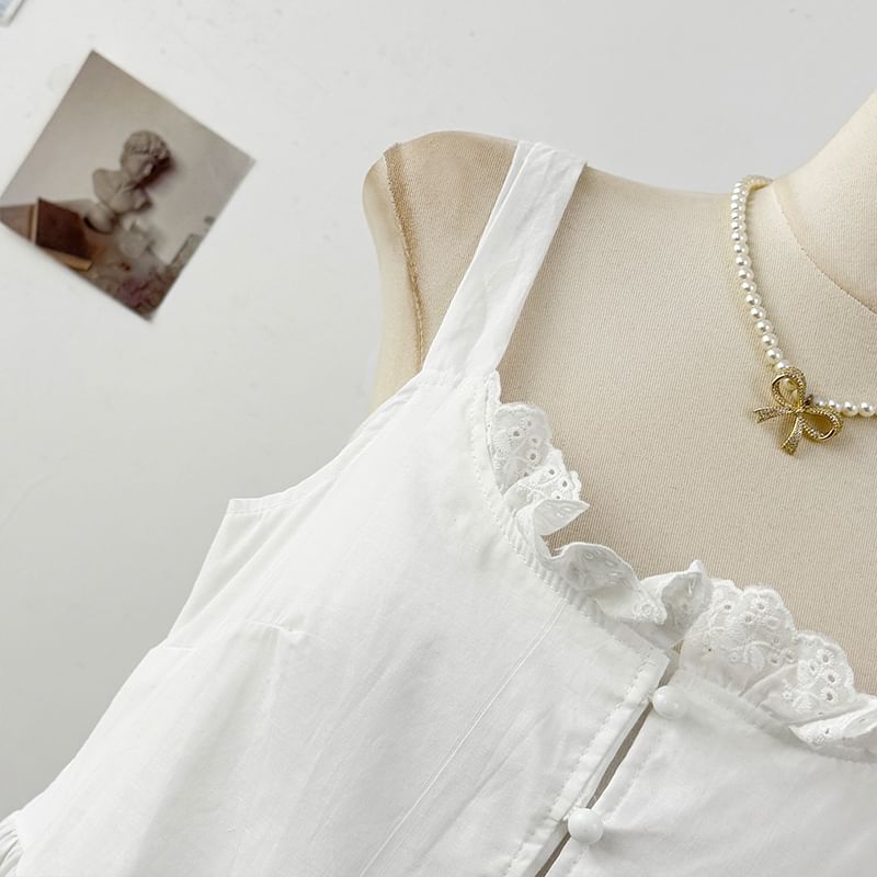 Scoop Neck Eyelet Lace Panel Frill Trim Tunic