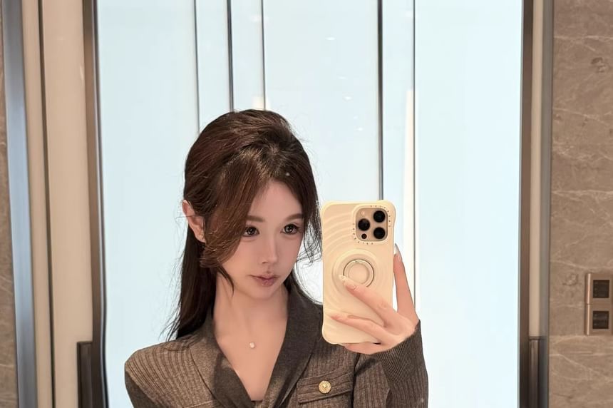 Ribbed V-Neck Knit Top Long Sleeve