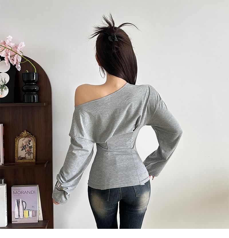 Lace-Up Slim Fit Off-Shoulder Long Sleeve Tee