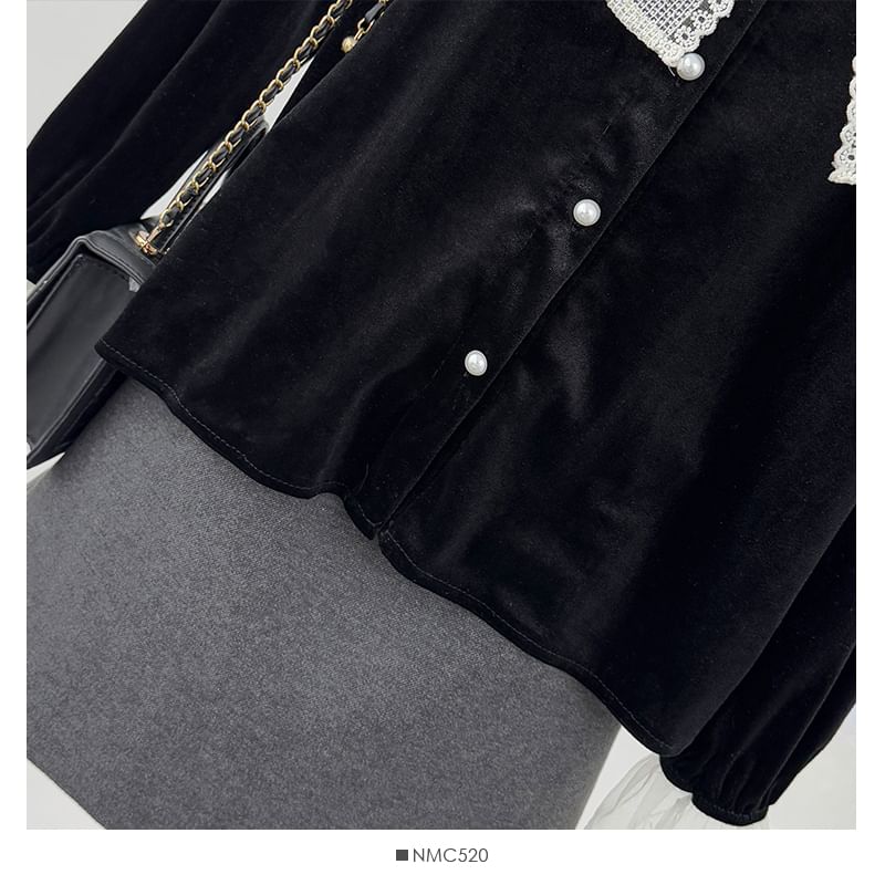 Velvet Blouse with Lace Panel and Button Front