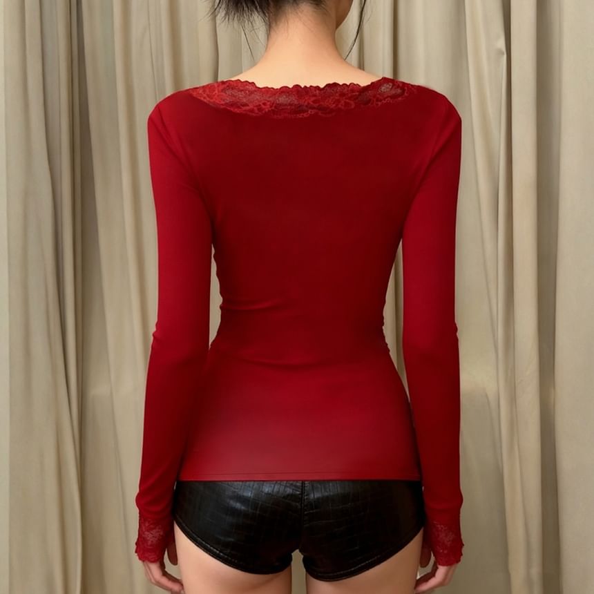 V-Neck Lace Panel Bodysuit Top - Long Sleeve