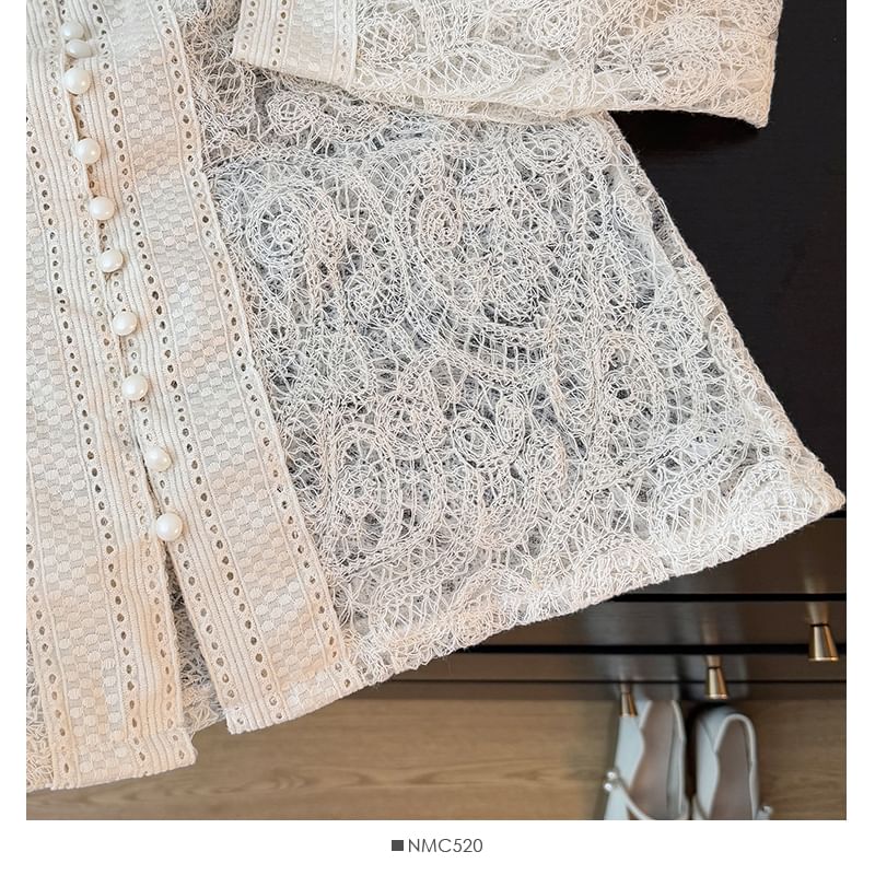 Puff Sleeve Lace Blouse with Button Front