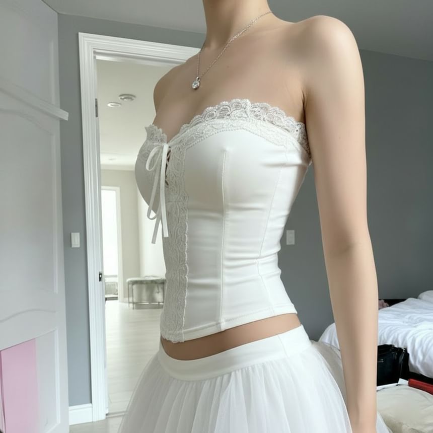 Lace Up Plain Tube Top with Trim Detail