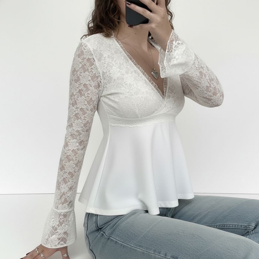 Ruffle Trim Bell Sleeve Lace A-Line Blouse