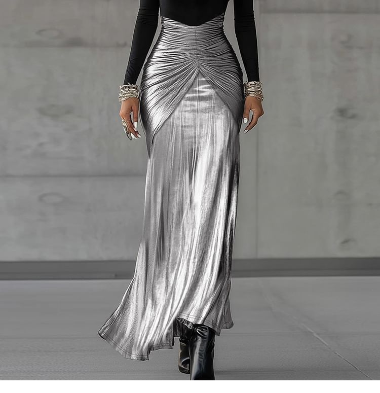 Long-Sleeve Crew Neck Two Tone Ruched Maxi Sheath Dress