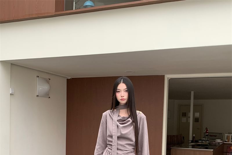 Long Sleeve Cowl Neck Plain Maxi A-Line Dress