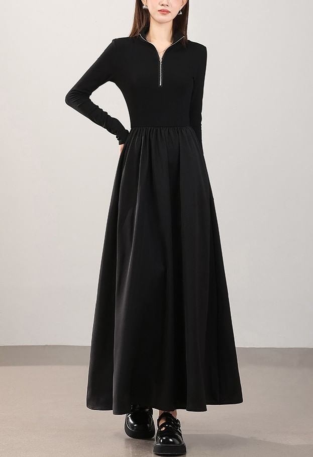 Long-Sleeve Half-Zip Plain Maxi A-Line Dress