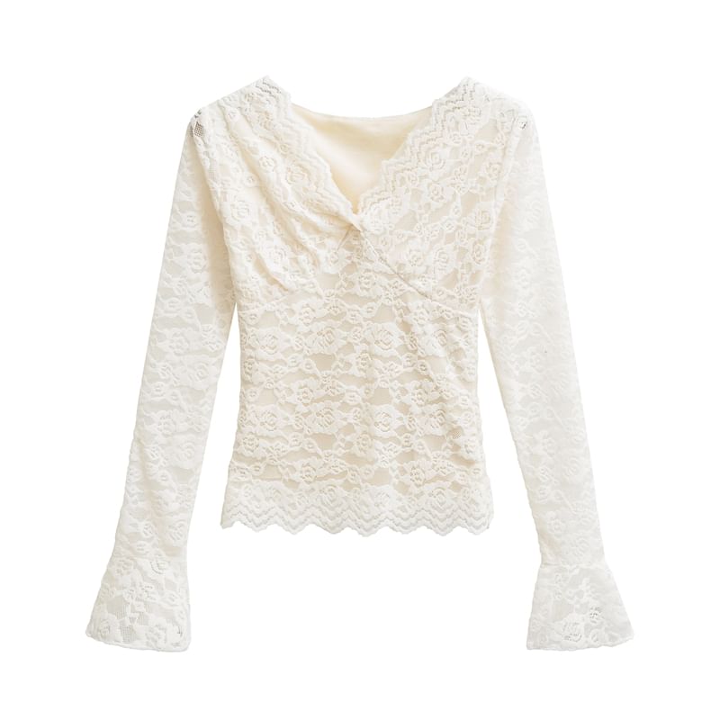 V-Neck Lace Detailed Long Sleeve Top