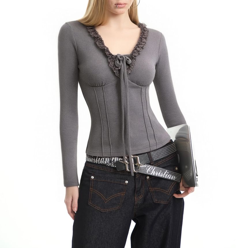 Long Sleeve V-Neck Lace Trim Tie Crop Tee