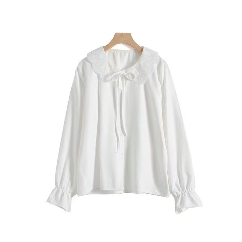 Collared Long Sleeve Lace Trim Blouse