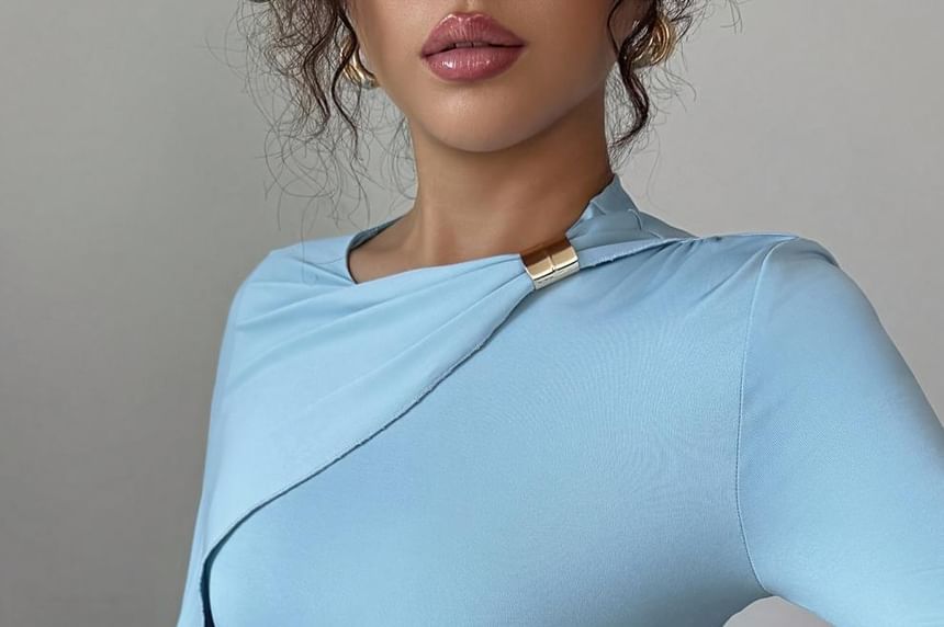 Long-Sleeve Crew Neck Plain Asymmetrical Ruched Maxi Mermaid Dress