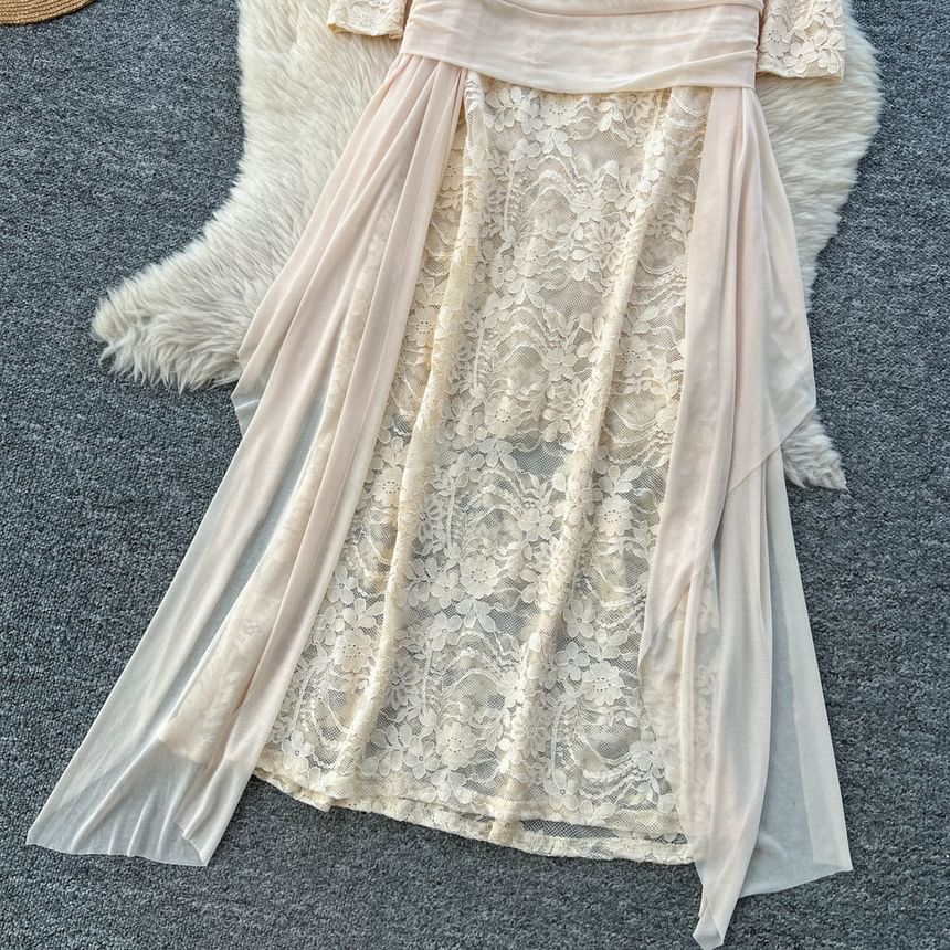 Long Sleeve Boat Neck Plain Mesh Panel Lace Maxi Sheath Dress
