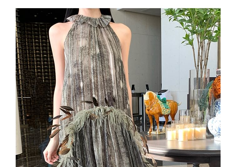 Long-Sleeve Round Neck Striped Maxi A-Line Dress