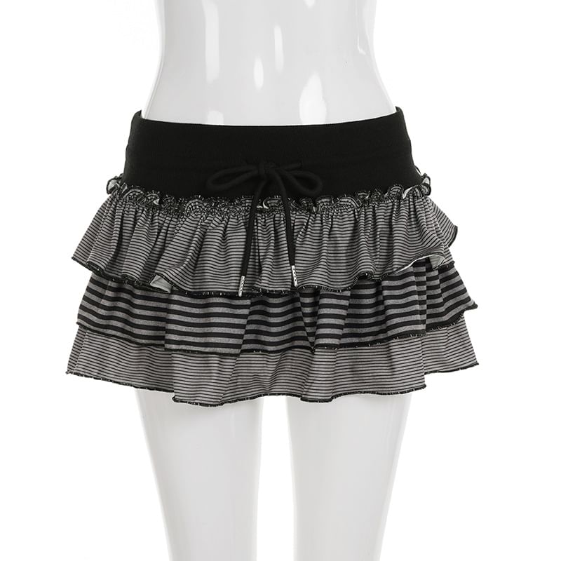 Striped Drawstring Mini Tiered Skirt