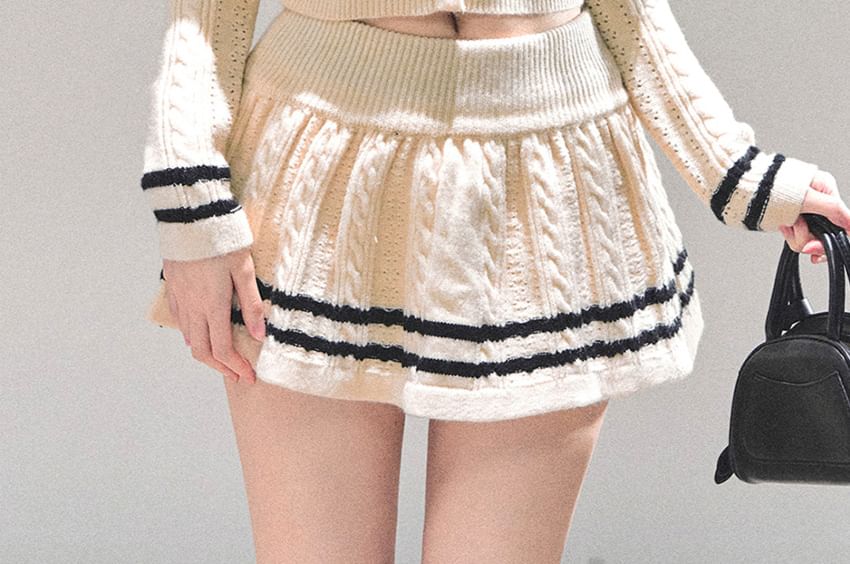 Set: Sailor Collar Crop Cardigan + Knit Mini Skirt