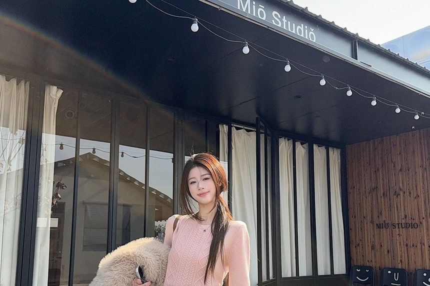 Ribbed Knit Crewneck Sweater in Neutral Tone