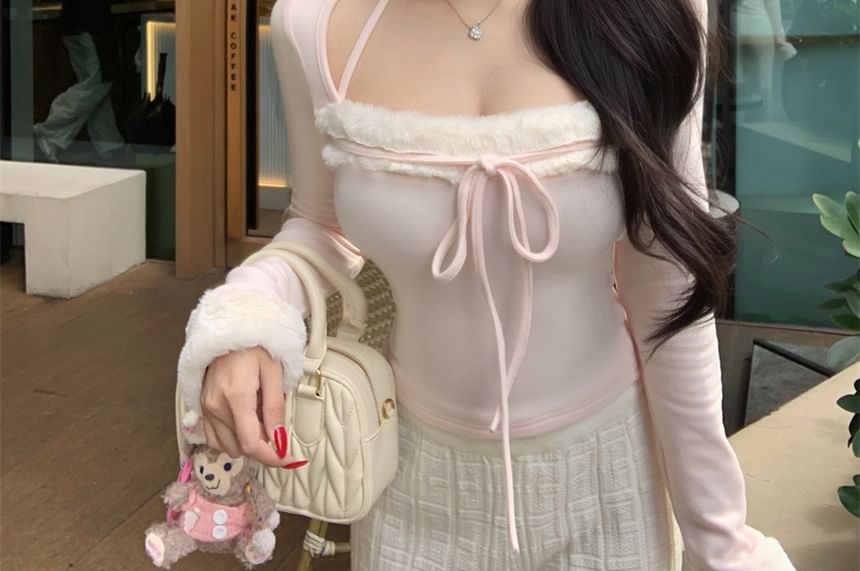Halter Neck Fluffy Crop Top with Tie Front and Slim Fit