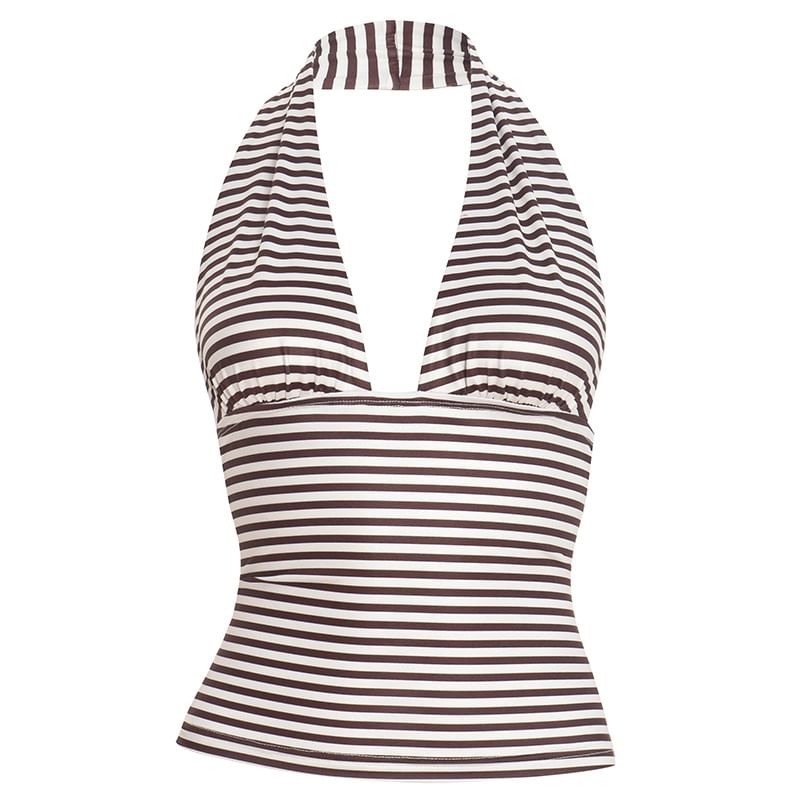 Striped Plunge Halter Crop Top with Slim Fit