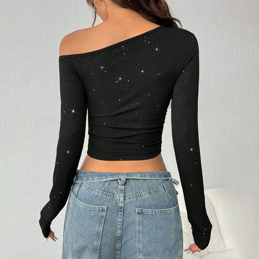 Glitter Cold Shoulder Crop Top with Long Sleeves