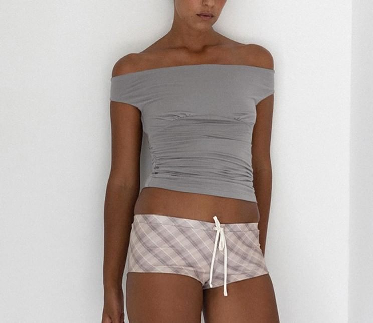 Ruched Off-Shoulder Crop Top with Short Sleeves