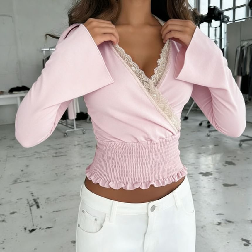 Ruffled Trim V-Neck Crop Top with Lace Accents
